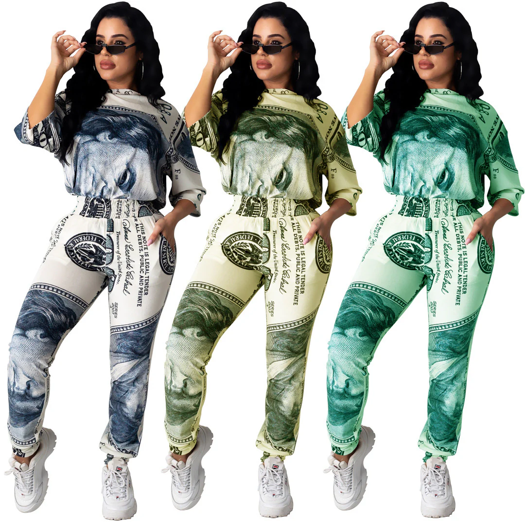 Women's Fashion Dollar Print Sports Two-piece Set