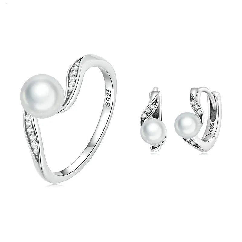 Shell Pearl Ring & Ear Buckle Jewelry Set