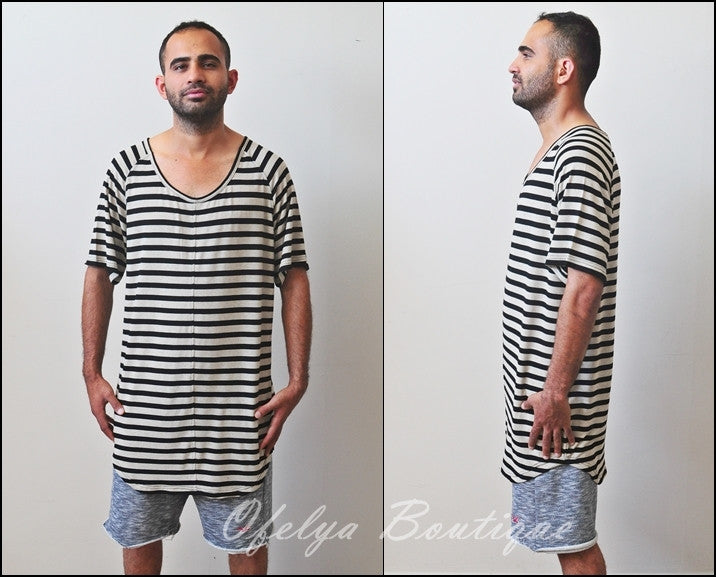 Knit Striped Under Scoop T-shirt - Extended Overlong Short Sleeve Drop Shoulder Centre back seam