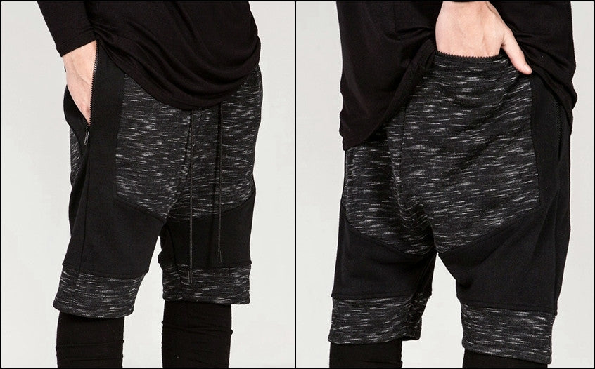 Dark Biker Black Panelling Shadow Shorts with a Drop Crotch and Tapered Leg