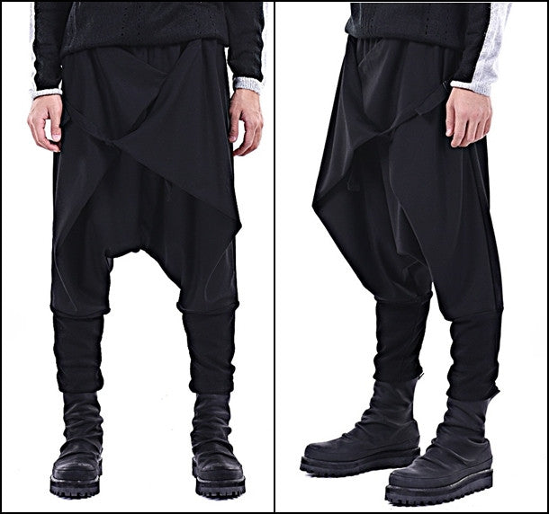 Men Casual Drop Crotch Wrap Harem Ninja Pants // Wrap Skirt Layered Joggers