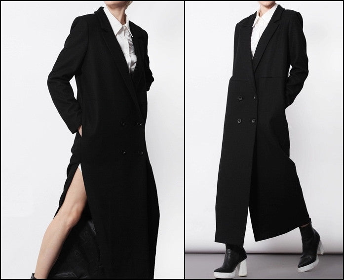 Avant Garde Dark Black  Asymmetric Side Big Slit Overlong Wool Jacket Coat