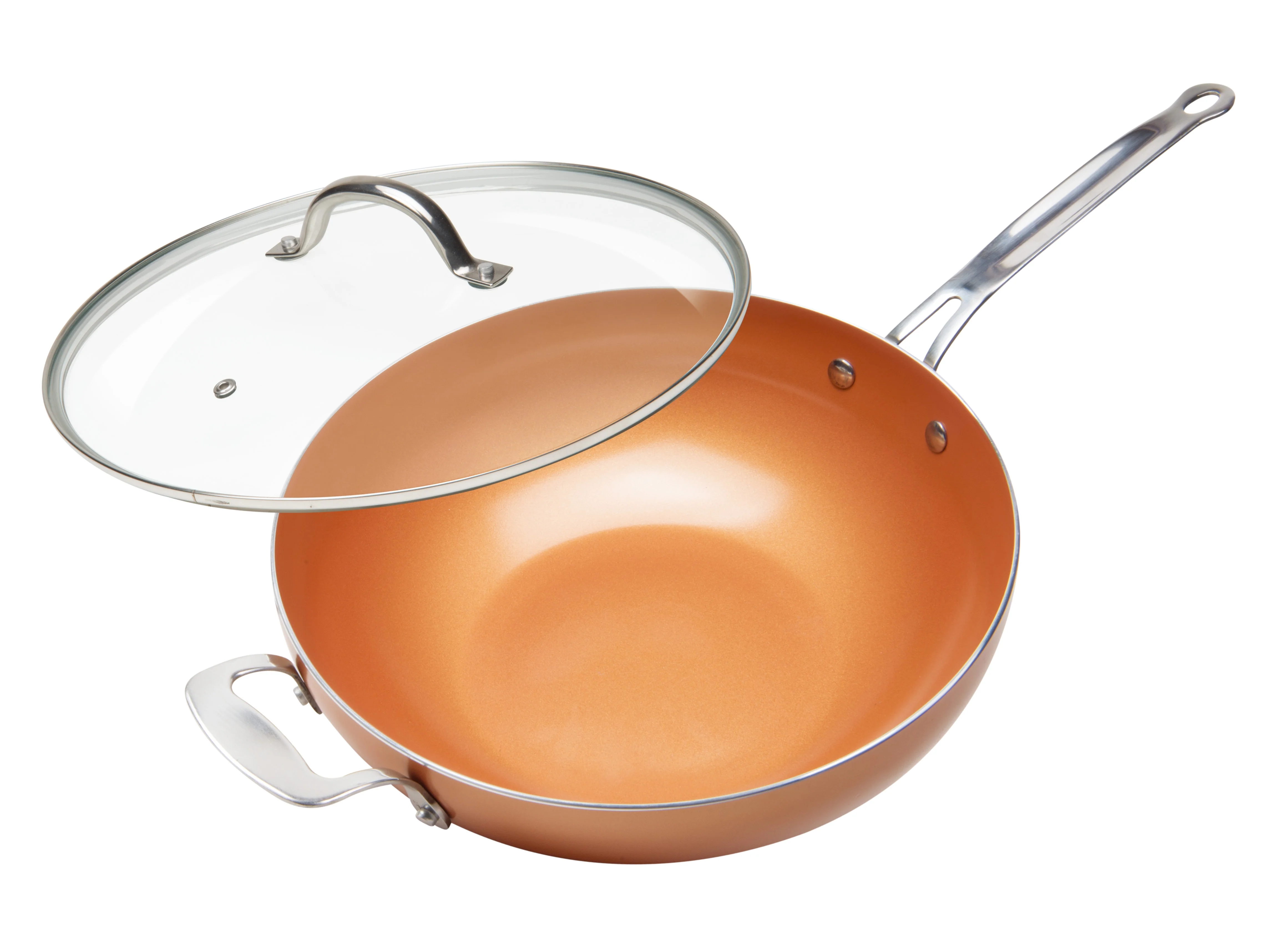 MASTERPAN Ceramic Nonstick Copper Color Wok & Glass Lid, 12" (30cm)