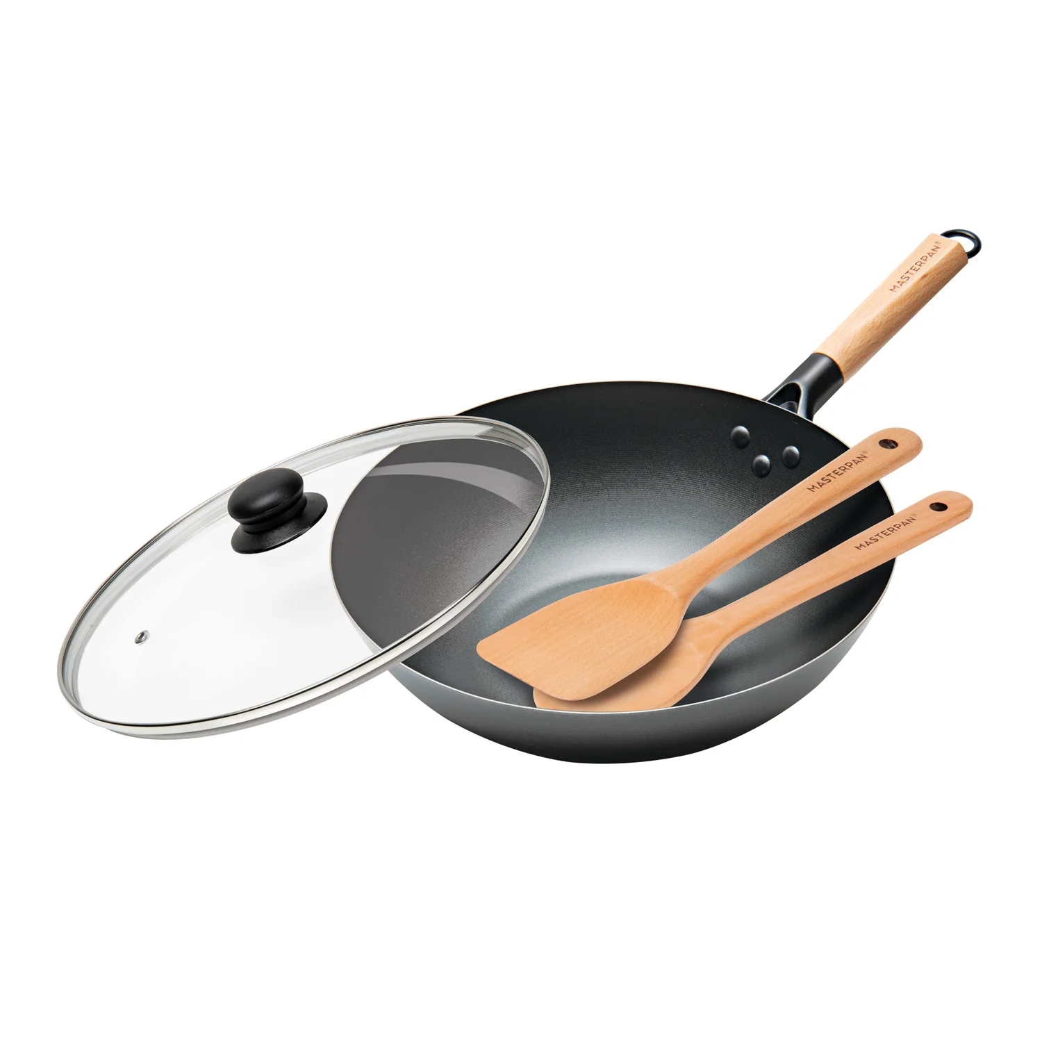 MASTERPAN Nonstick Carbon Steel Wok with Glass Lid & Wooden Utensils, 12" (30cm)