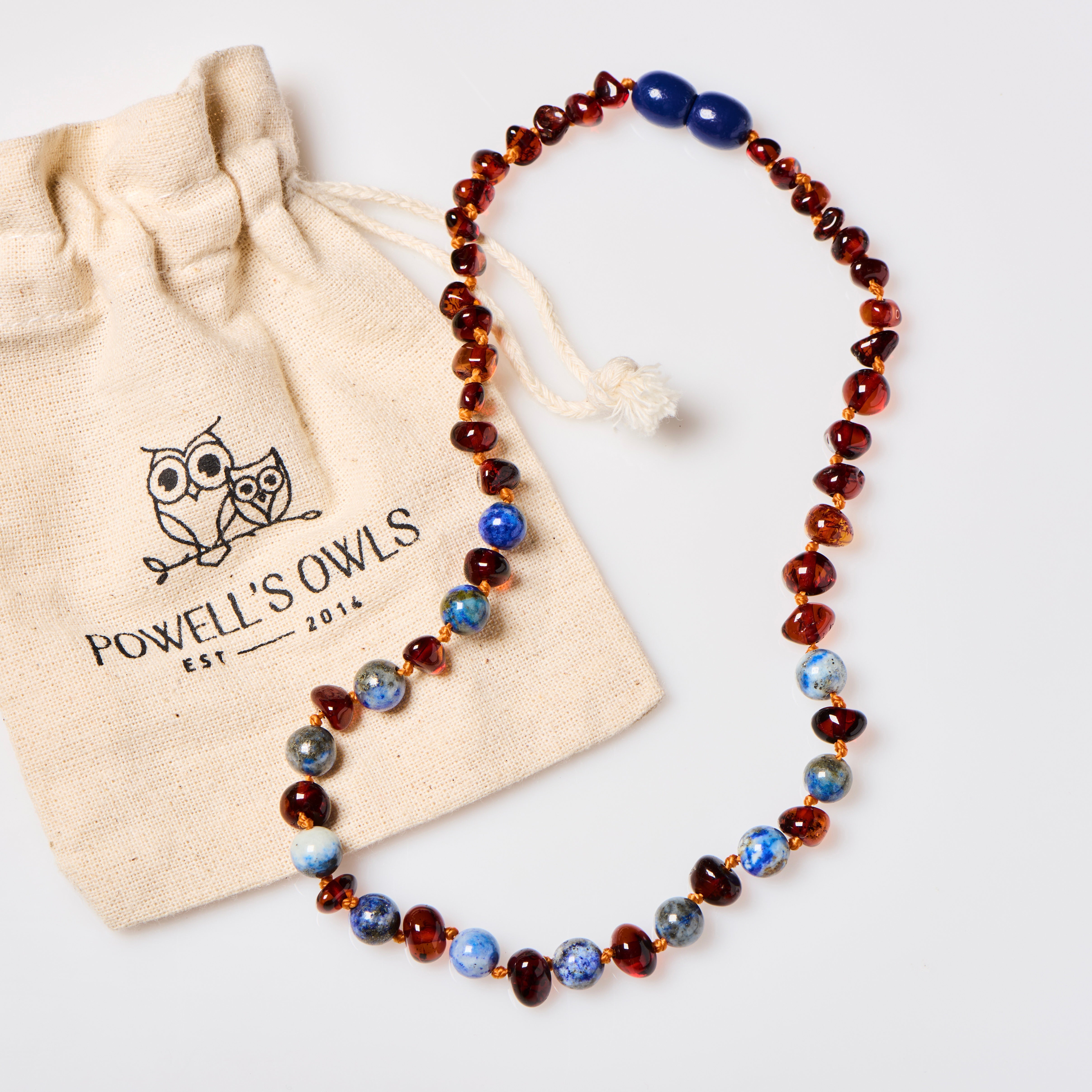 Baltic Amber Necklace - Cognac Amber + Lapis Lazuli - Children's