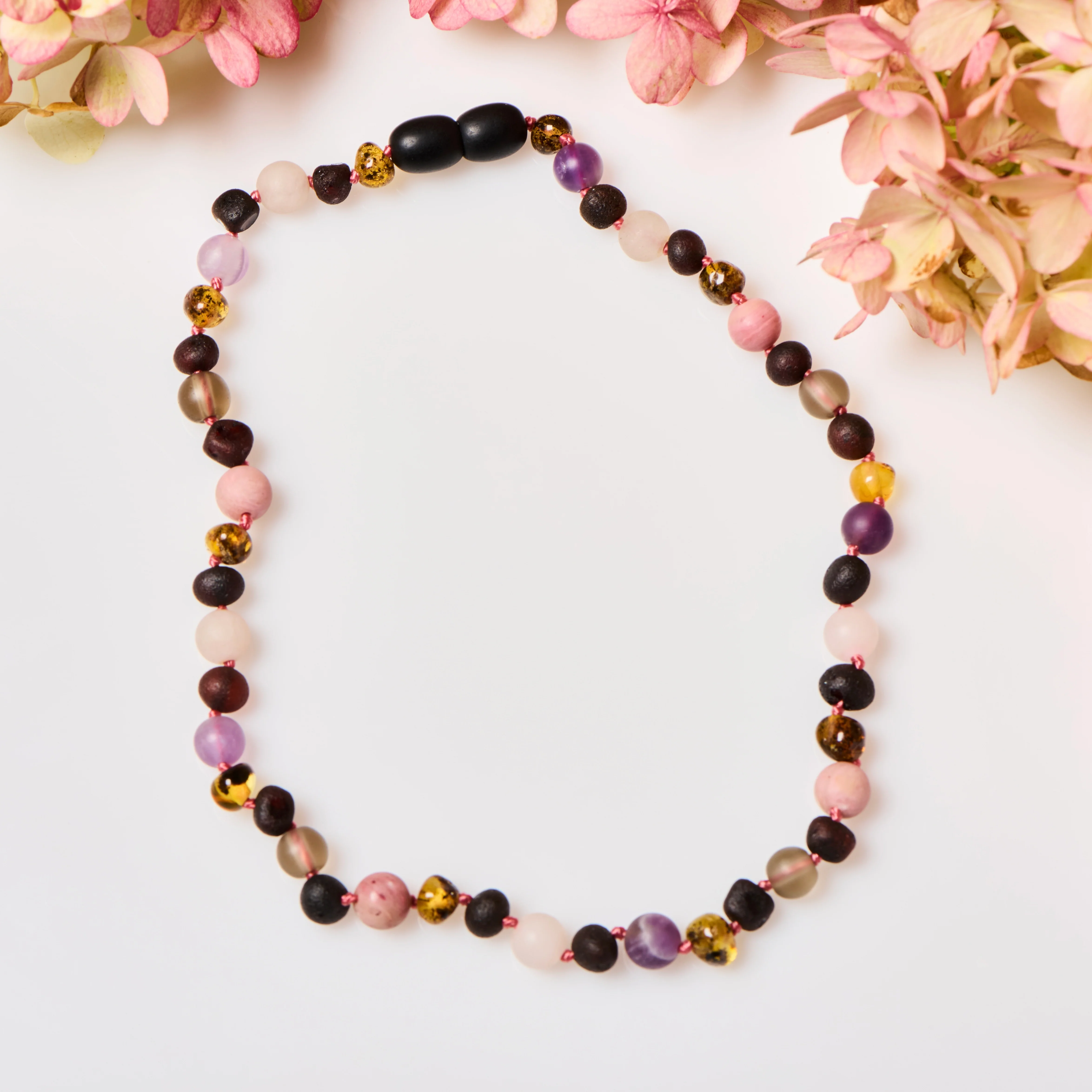 Baltic Amber Necklace - Smoky Rose Quartz + Amethyst - Adult