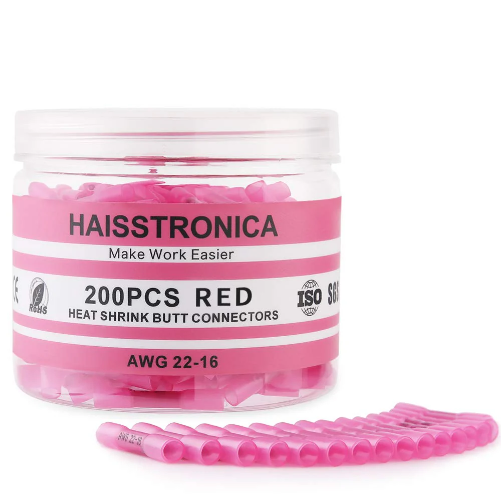 haisstronica 200PCS 22-16 Awg Red Heat Shrink Butt Connectors-Tinned Red Copper 0.7mm-Marine Grade Insulated Crimp Wire Connectors-Waterproof Electrical Connectors-Butt Splice for Marine,Boat,Stereo