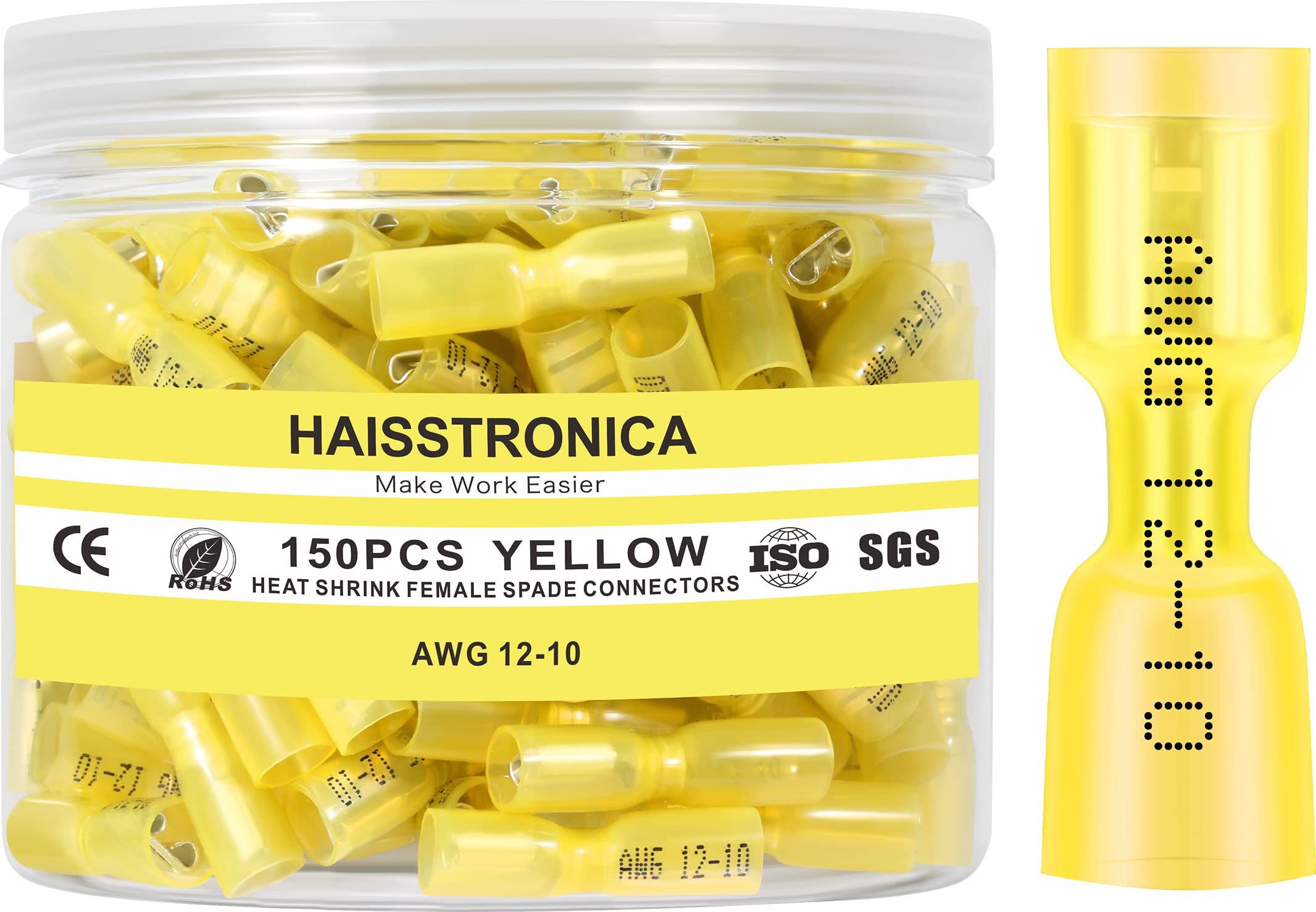 haisstronica 150PCS Yellow Heat Shrink Female Spade Connectors,AWG 12-10 Heat Shrink Female Spade Terminlas Kit,Speaker Wire Connector, Electrical Quick Disconnect Wire Connectors