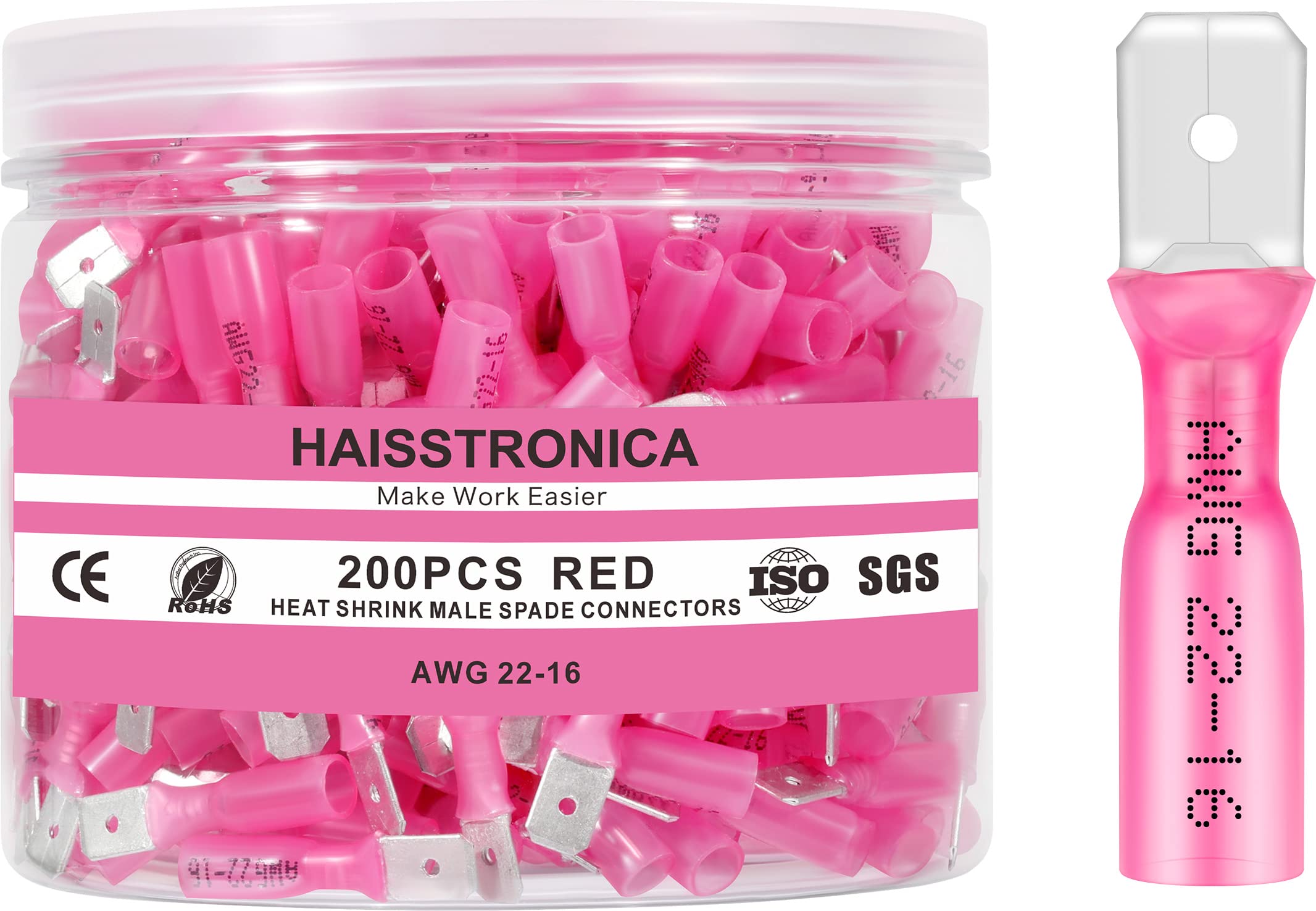 haisstronica 200PCS Red Heat Shrink Male Spade Connectors,AWG 22-16 Heat Shrink Male Spade Terminlas Kit,Speaker Wire Connector, Electrical Quick Disconnect Wire Connectors