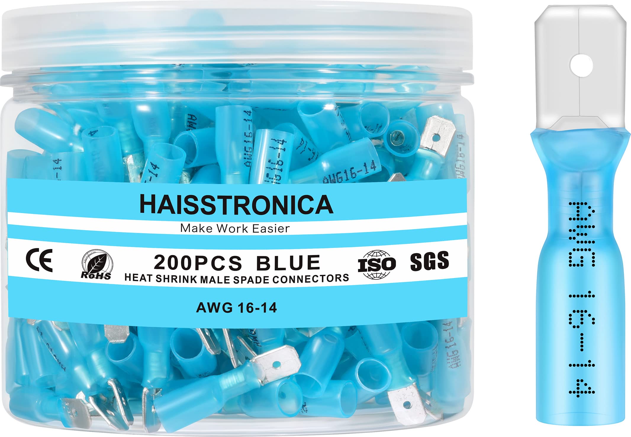 haisstronica 200PCS Blue Heat Shrink Male Spade Connectors,AWG 16-14 Heat Shrink Male Spade Terminlas Kit,Speaker Wire Connector, Electrical Quick Disconnect Wire Connectors