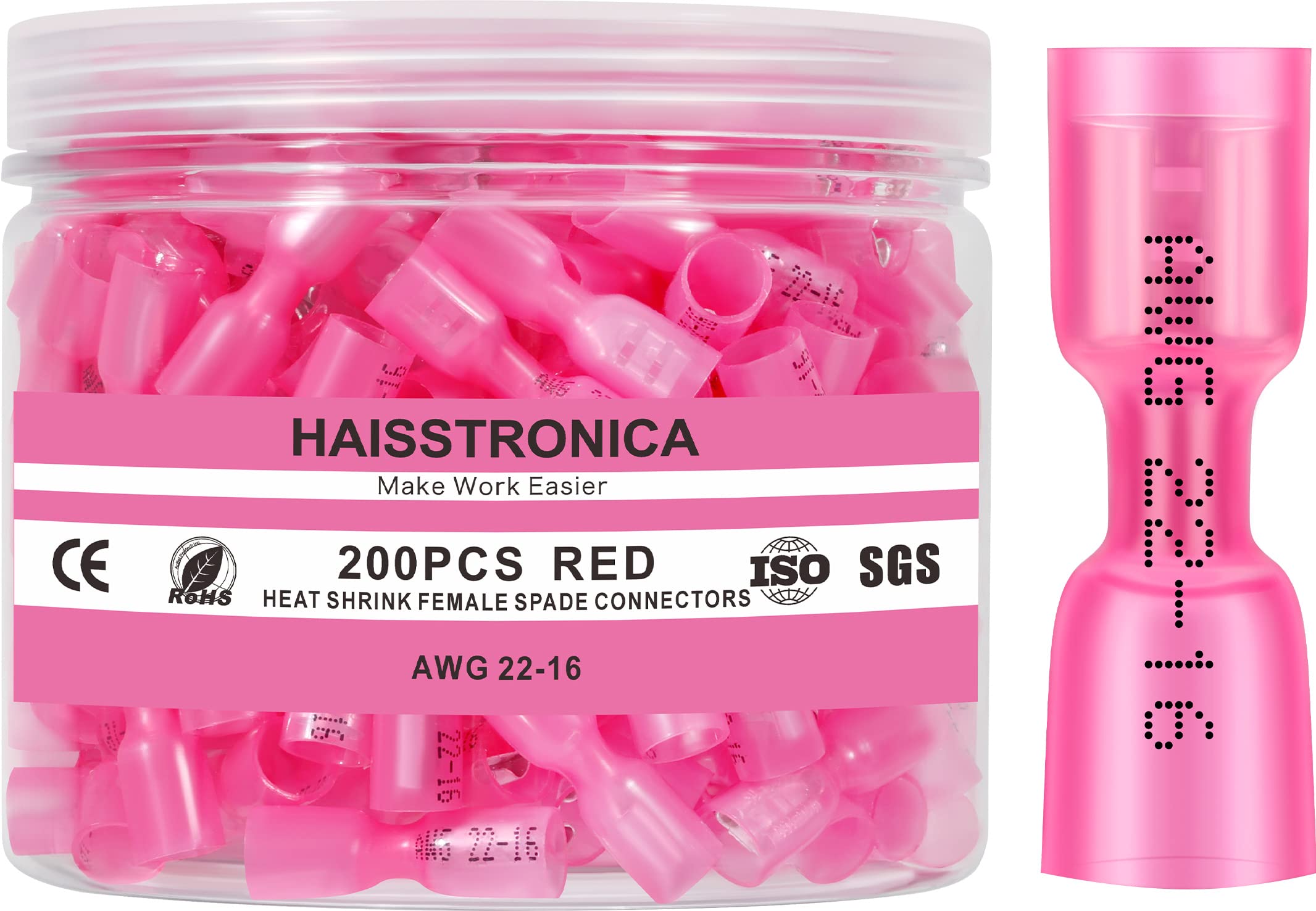 haisstronica 200PCS Red Heat Shrink Female Spade Connectors,AWG 22-16 Heat Shrink Female Spade Terminlas Kit,Speaker Wire Connector, Electrical Quick Disconnect Wire Connectors