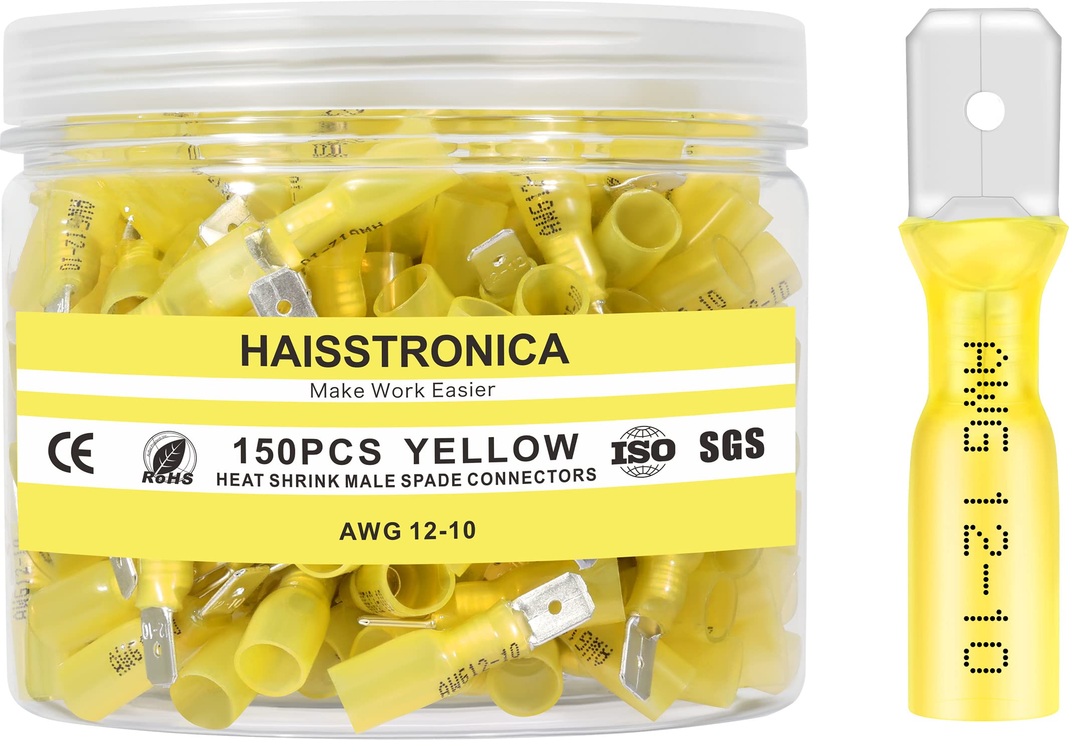 haisstronica 150PCS Yellow Heat Shrink Male Spade Connectors,AWG 12-10 Heat Shrink Male Spade Terminlas Kit,Speaker Wire Connector, Electrical Quick Disconnect Wire Connectors