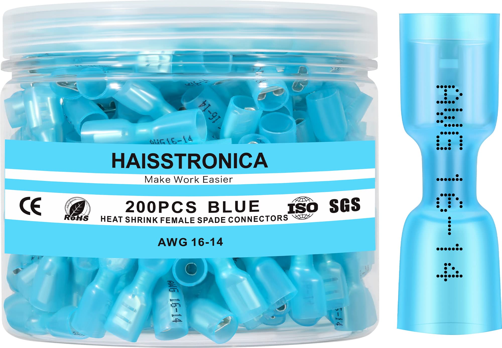 haisstronica 200PCS Blue Heat Shrink Female Spade Connectors,AWG 16-14 Heat Shrink Female Spade Terminlas Kit,Electrical Quick Disconnect Wire Connectors