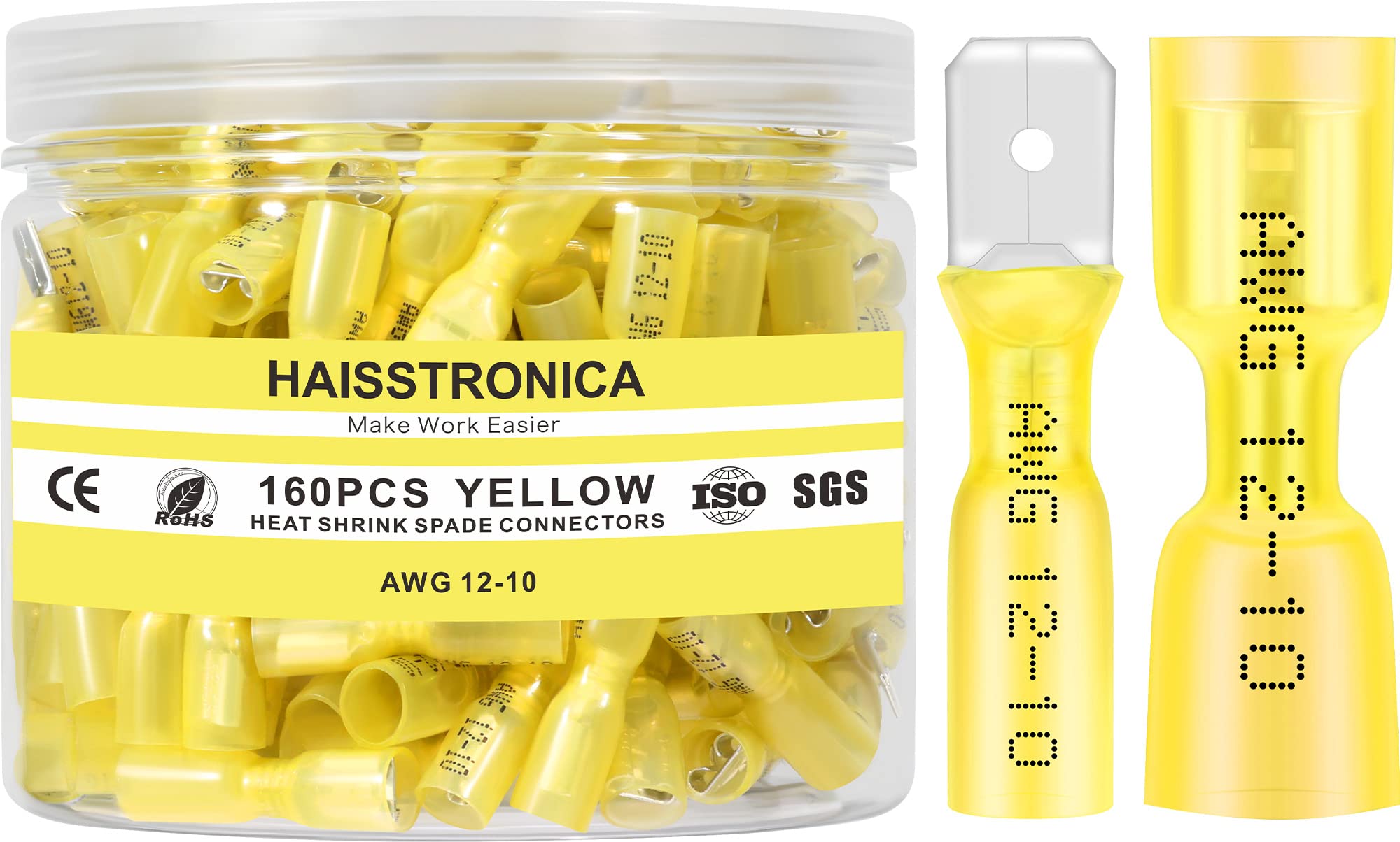 haisstronica 160PCS Yellow Heat Shrink Spade Connectors,AWG 12-10 Heat Shrink Spade Terminlas Kit, Speaker Wire Connector, Male and Female Electrical Quick Disconnect Wire Connectors