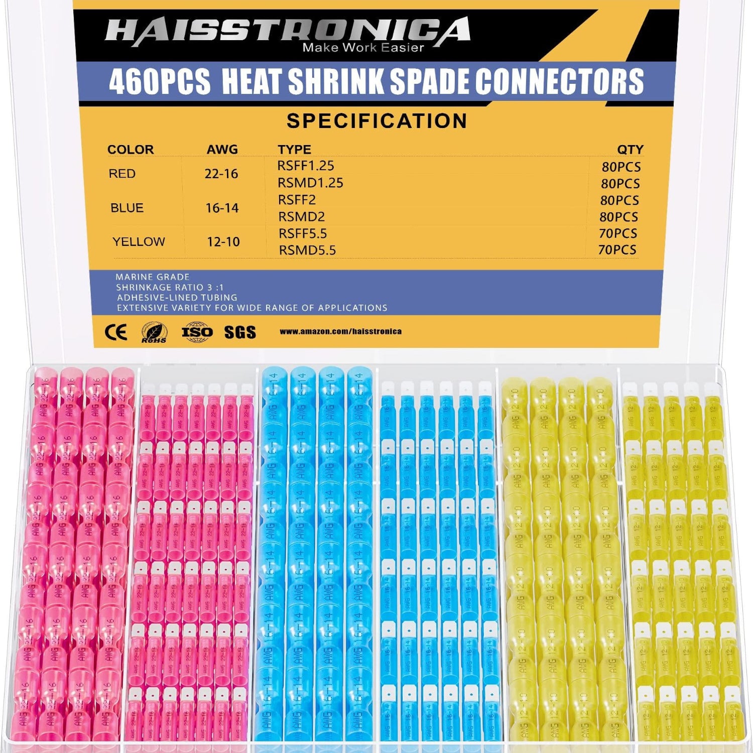 haisstronica 460PCS Heat Shrink Spade Connectors,AWG 22-10 Female and Male Wire Connectors,Quick Disconnect Spade terminlas