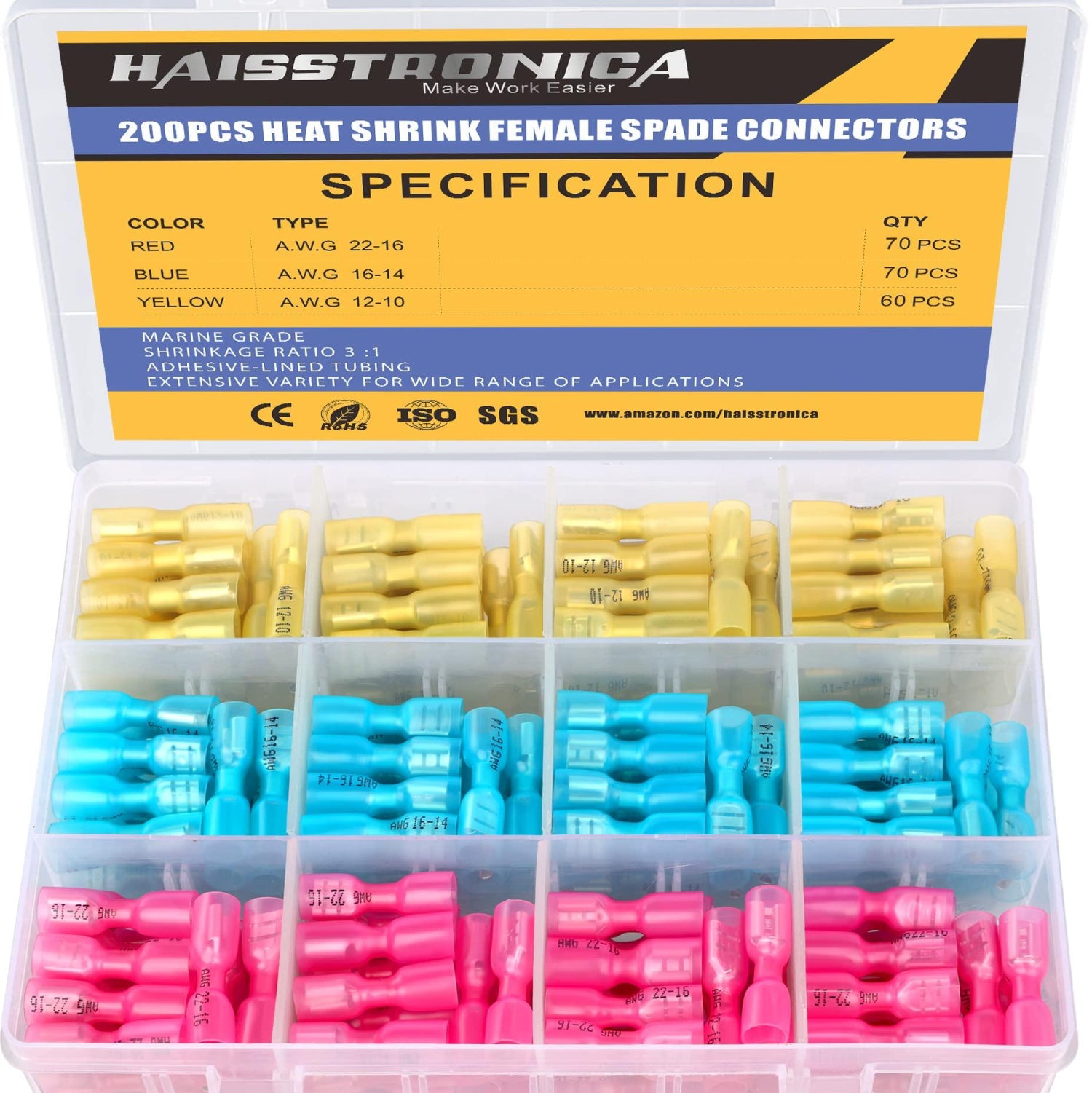 haisstronica 200PCS Heat Shrink Female Spade Connectors,22-10 Gauge Electrical Spade Wire Connectors,Quick Disconnect Wire Connectors,Female Spade Terminla