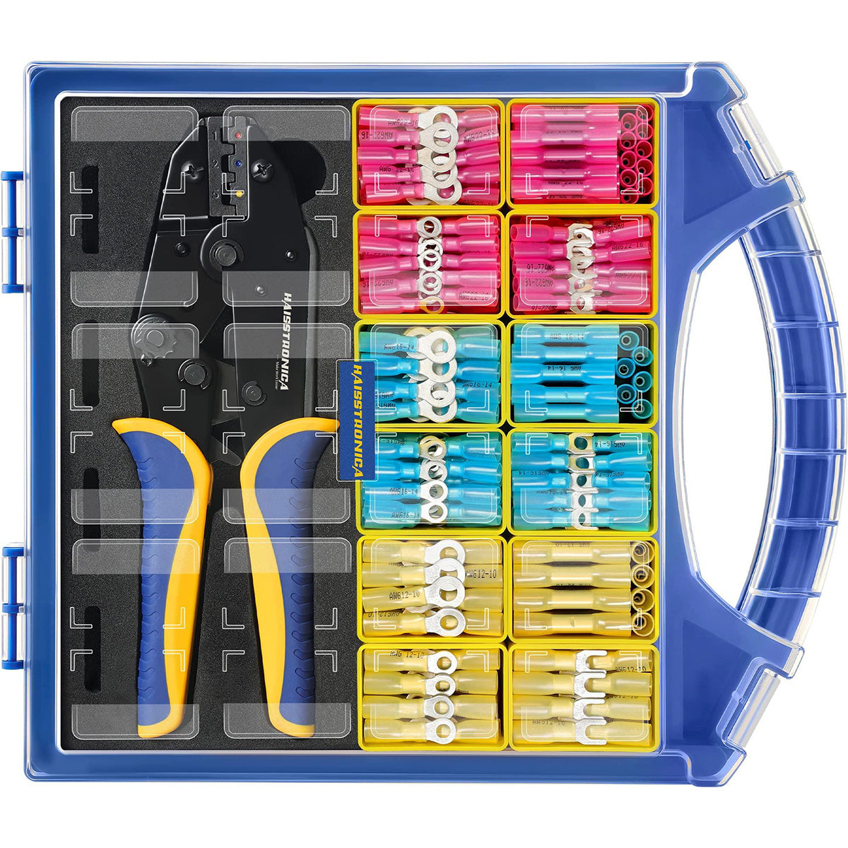 haisstronica 380PCS Marine Grade Heat Shrink Wire Connectors Set, 22-10 AWG Electrical Wire Connectors Kit,Ring Fork Butt Splice(3Color/12Size),with 9" Crimping Tools and Organizer