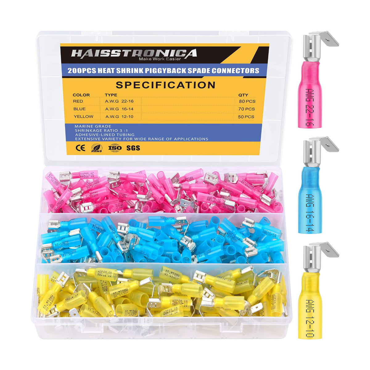 haisstronica 200PCS Heat Shrink Piggyback Spade Connectors, 22-10 AWG Piggyback Wire Connectors, Quick Disconnect Piggyback Terminals (3Colors/3Sizes)