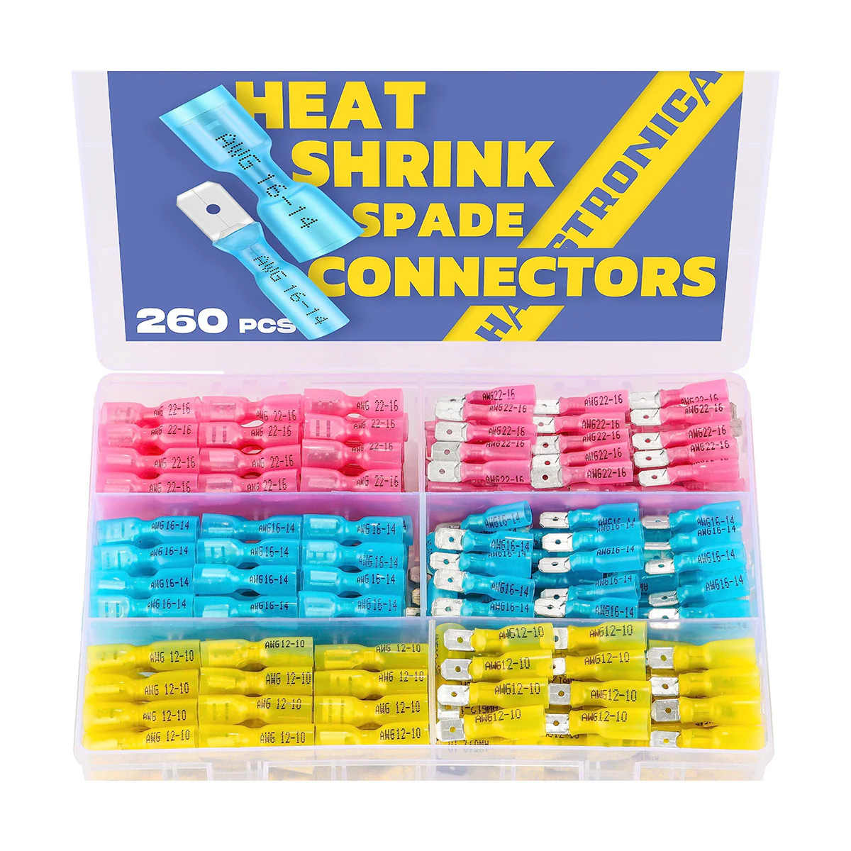 haisstronica 260PCS Heat Shrink Spade Connectors-Electrical Wire Connectors-Quick Disconnect Connectors -Female and Male Spade terminlas for Watercraft,Electronics,Automotive Crimp Connectors