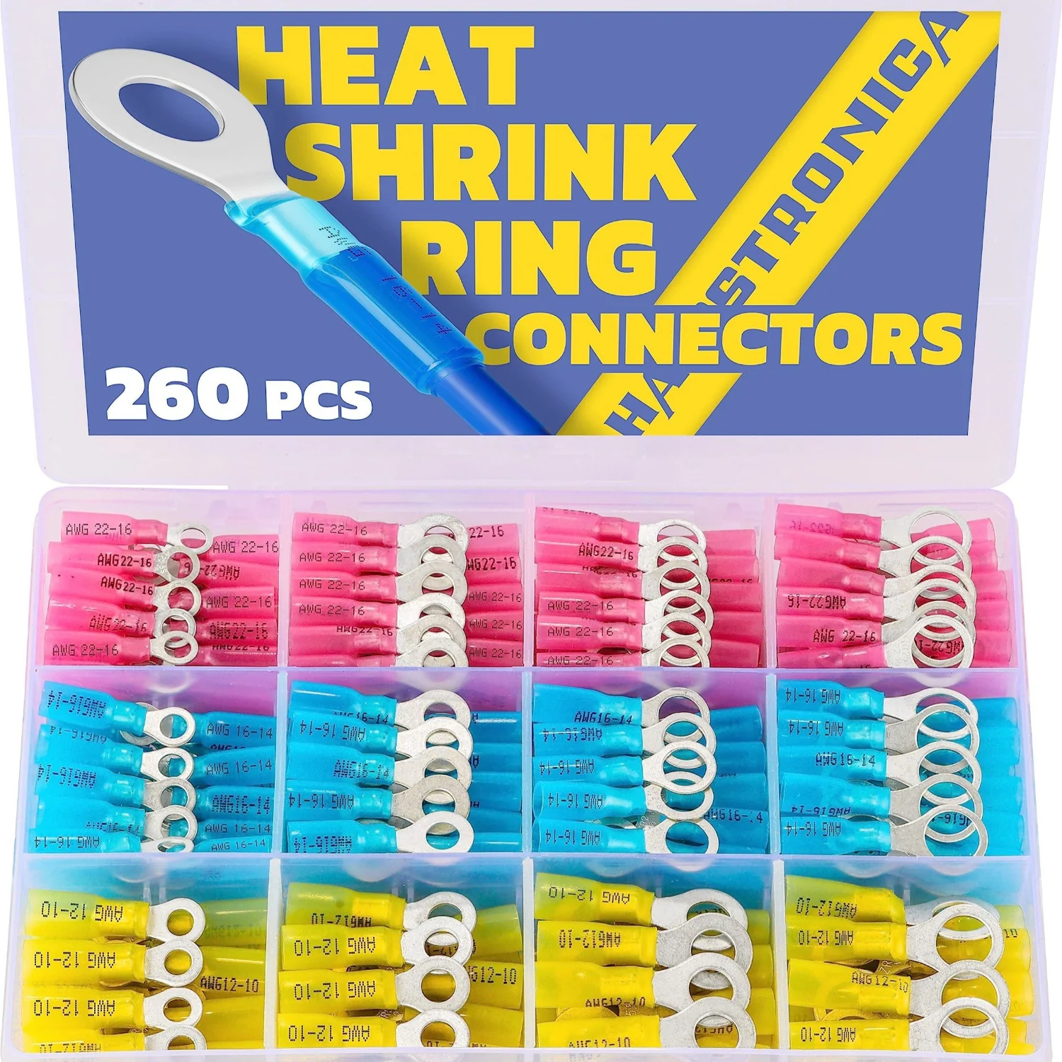 haisstronica 260PCS Marine Grade Heat Shrink Ring Connectors-Heat Shrink Wire Connectors Tinned Red Copper #10,1/4",5/16",3/8"(3Colors/4Sizes),16-14 22-16 12-10 Gauge Insulated Ring Crimp Terminals