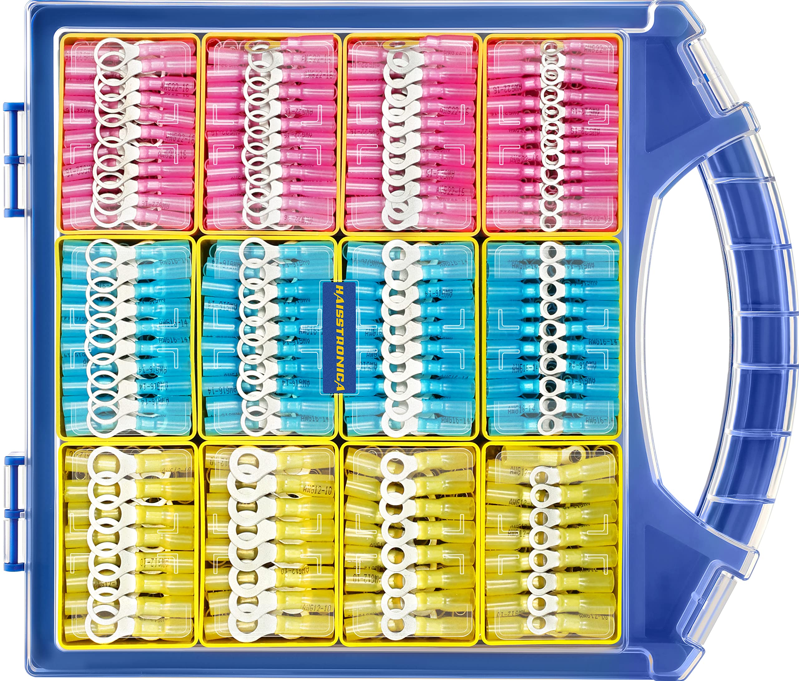 haisstronica 780PCS Heat Shrink Ring Connectors, AWG 22-10 Marine Grade Ring Terminals Connectors Kit, Tinned Red Copper Waterproof Wire Eyelet Connectors(3Colors/4Sizes)