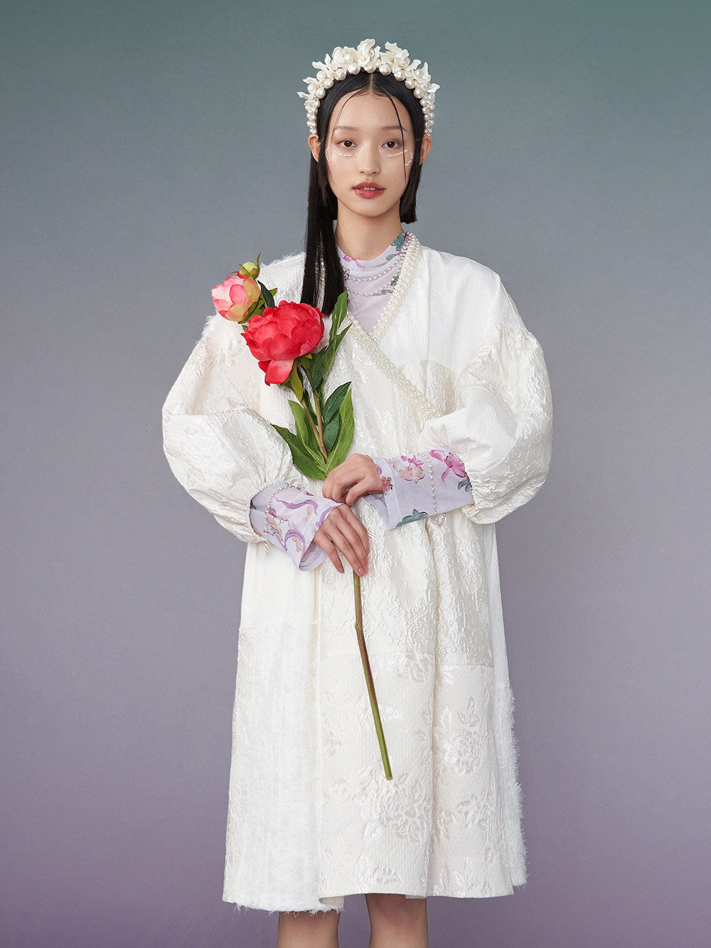 MUKZIN White Retro Jacquard Puff Sleeve Loose Dress