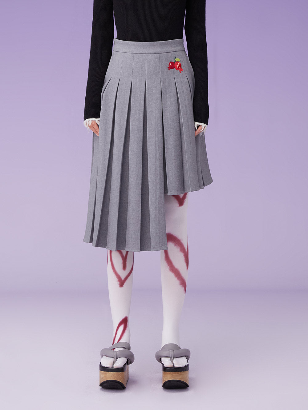 MUKZIN Irregular Embroidery Pleated High Low Gray Skirt