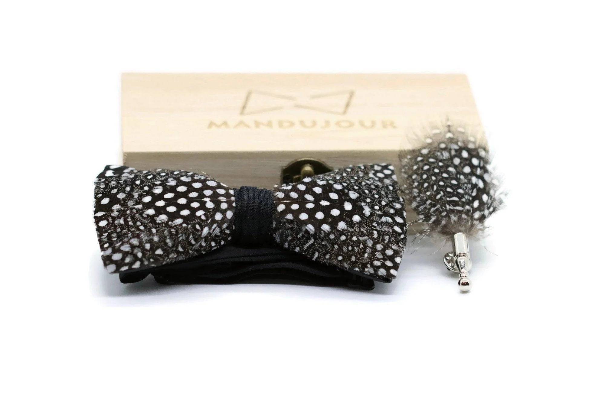 Dallas Polkadot Feather Bow Tie with Feather Lapel Pin Set - Mandujour Handmade