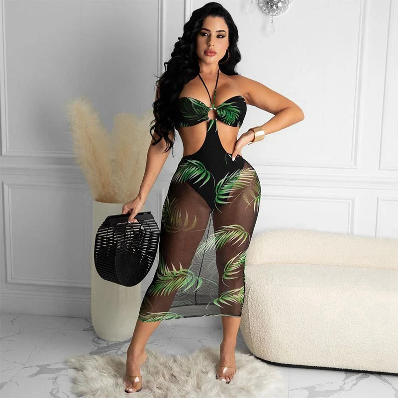 Leaf Print Halter Bodycon Sheer Backless Dress