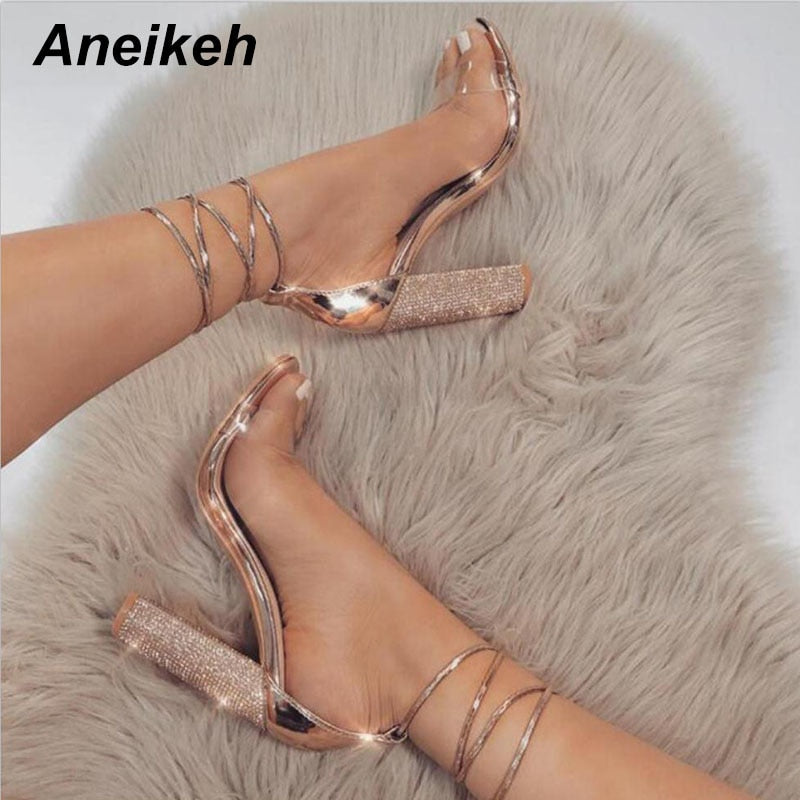 Square Heels Crystal Heeled Platform Shoes