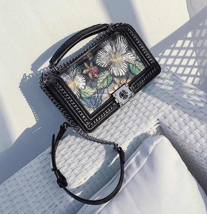 Sheepskin Flap Embossing Colorful Flowers Tote Chain Knitting Edge Shoulder Bag Women Crossbody Purse Genuine Leather Handbag