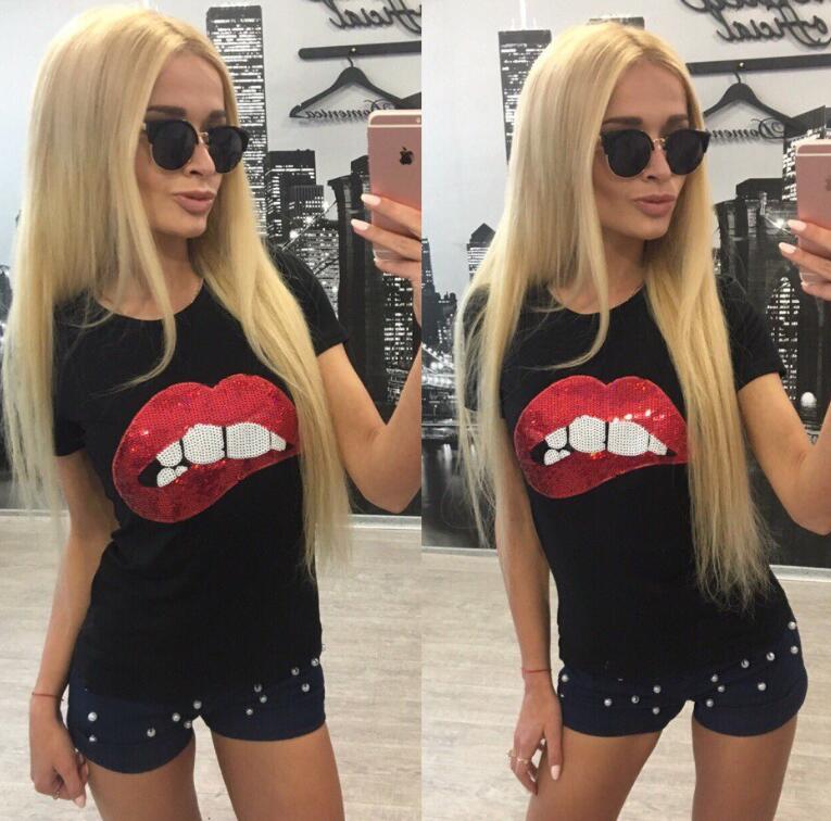 Women Sequins Lips Round Neck Short-sleeved T-shirt