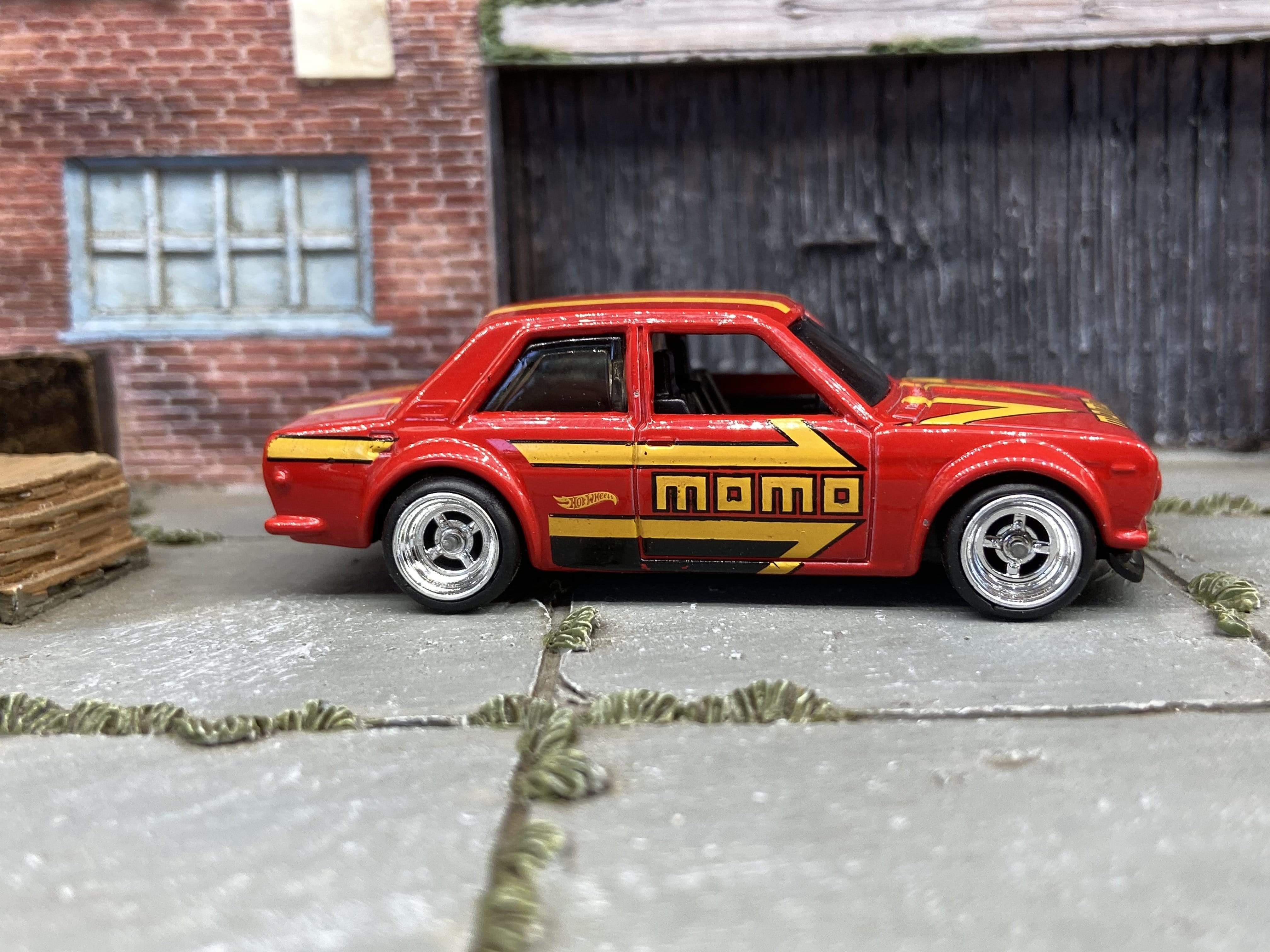 Custom Hot Wheels 1971 Datsun Bluebird 510 In Red Momo With 4 Spoke Mag Wheels With Rubber Tires