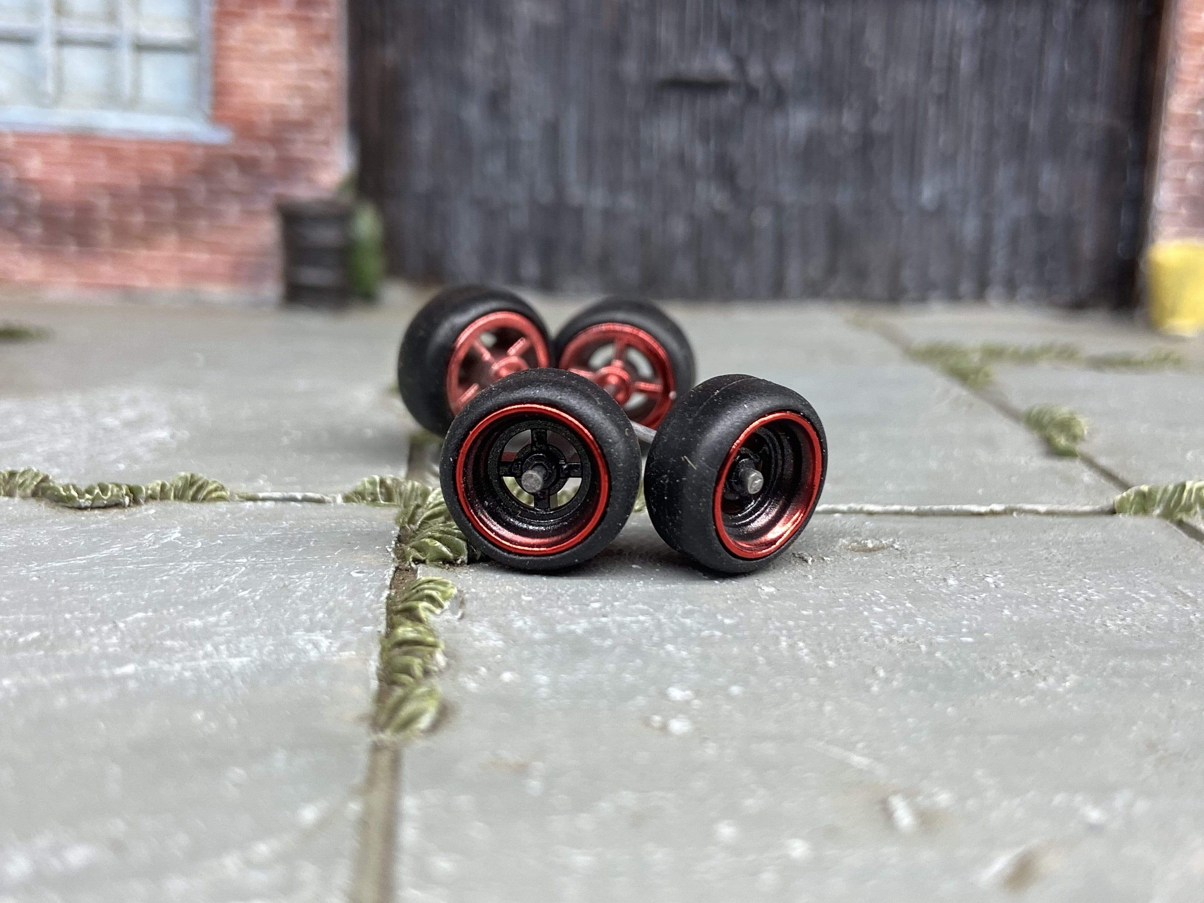 Custom Hot Wheels - Matchbox Rubber Tires & Wheels: 4 Spoke Black and Red Wheels and Rubber Tires 10mm - 10mm