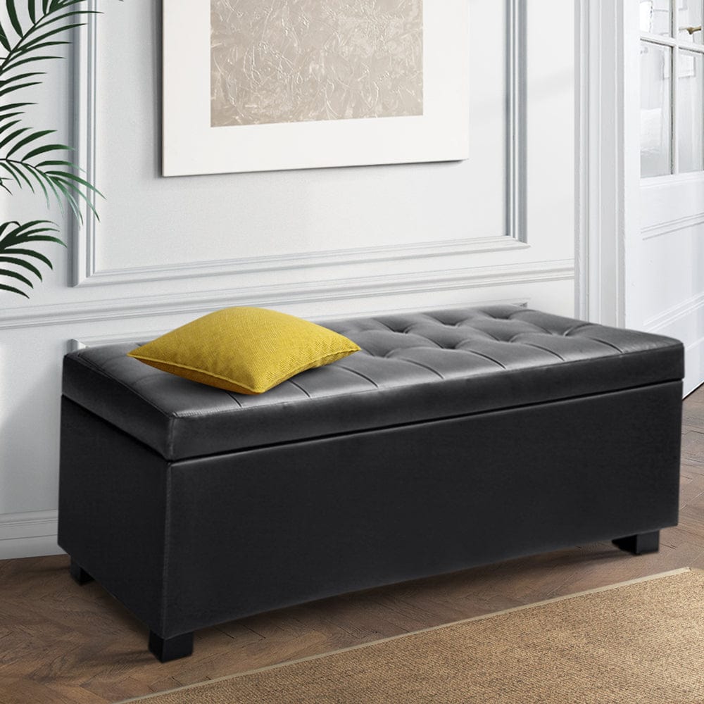 PU Leather Storage Ottoman - Black