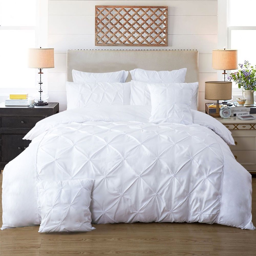 Diamond Pintuck Super King Size White Duvet Quilt Cover Set