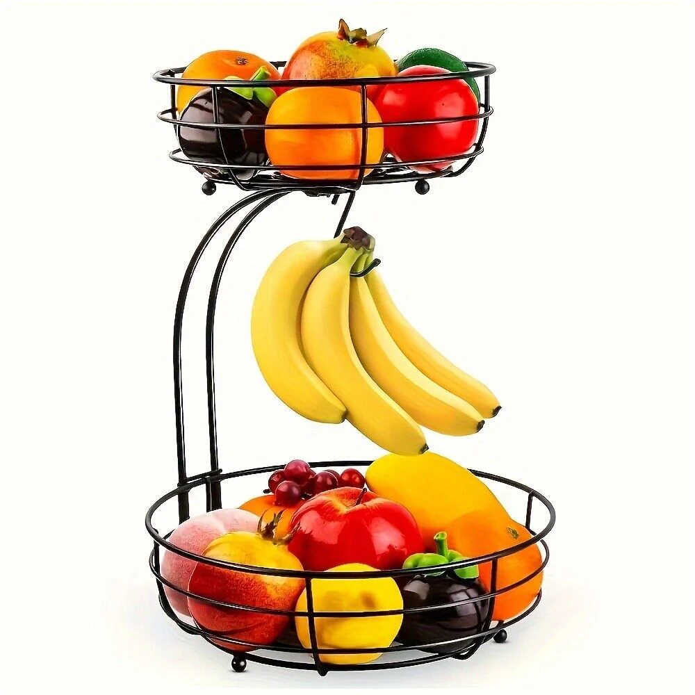 2-Tier Fruit Basket Bowl With Banana Hangers For Kitchen Counter, Fruits Stand