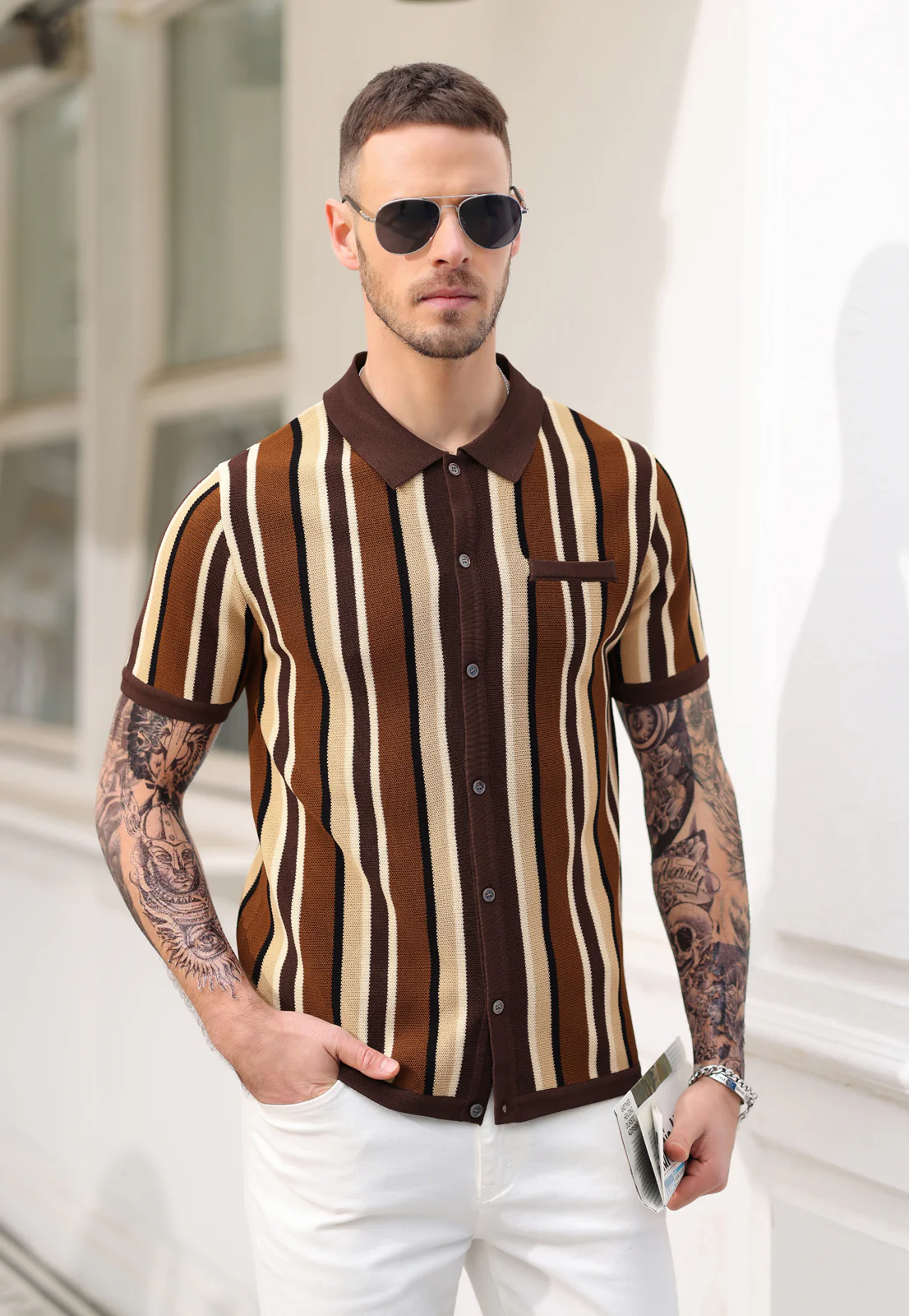 Men’s Short Sleeve Knit Shirt Vintage Stripe Lapel Collar Polo Cardigan Shirt