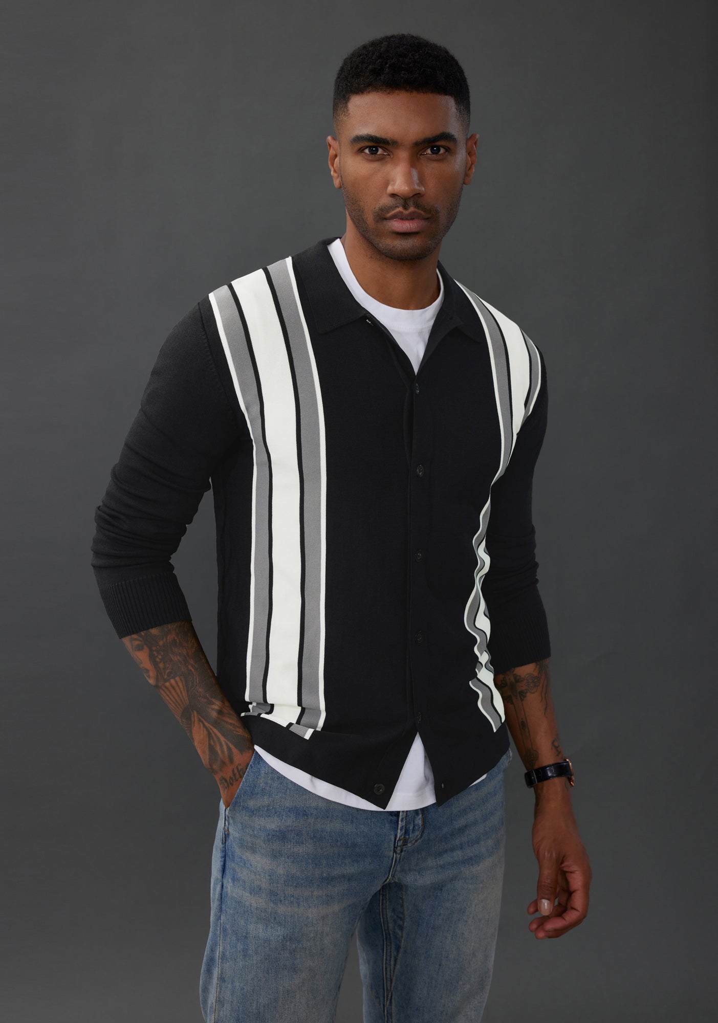 Mens Button Down Cardigan Sweaters Cable Knit Polo Collar Knitwear