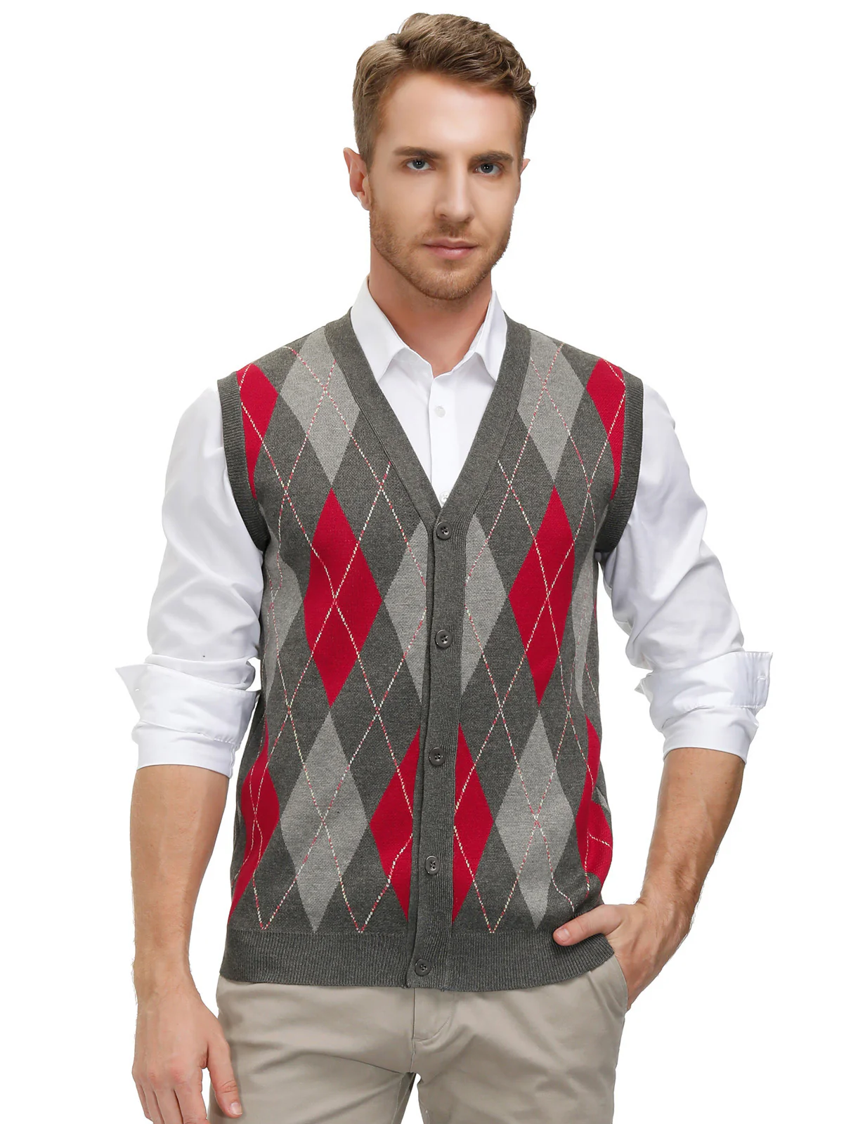 Men Sleeveless Sweater Vest Contrast Color Diamond Pattern Button Placket