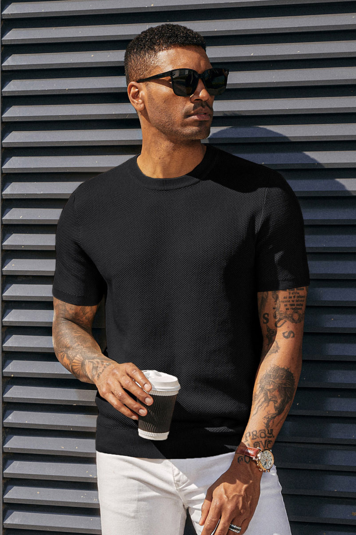 Men's T-Shirts Casual Knit Short Sleeve Crewneck Honeycomb Waffle Solid Knitted Pullover Tees