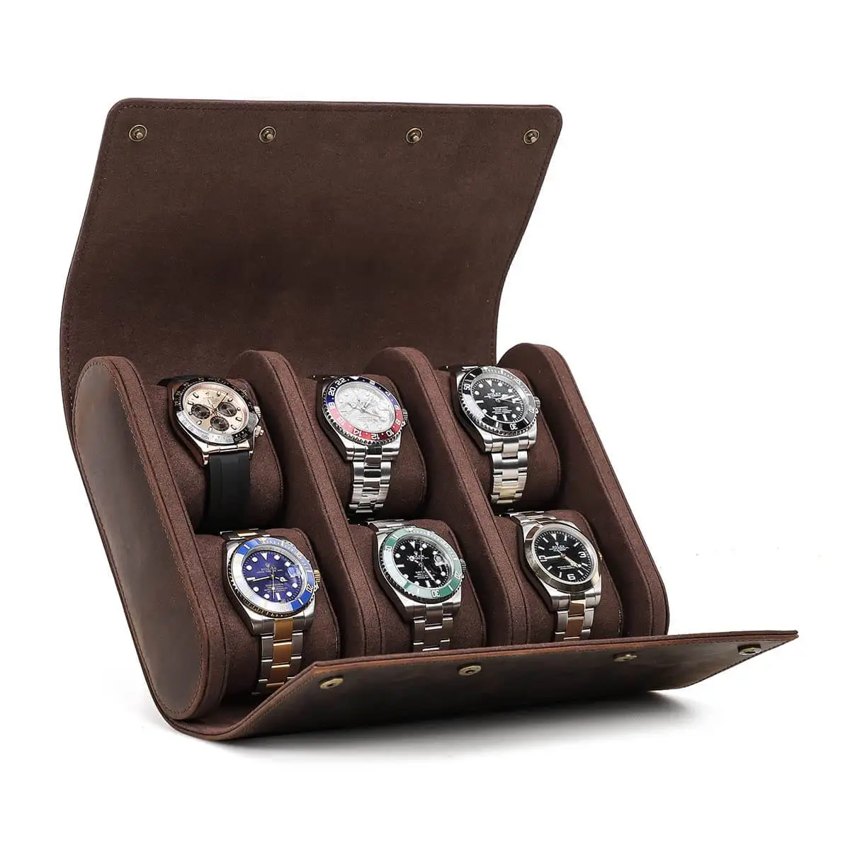 Coffee Genuine Leather Watch Roll Travel Case For 6 Watches