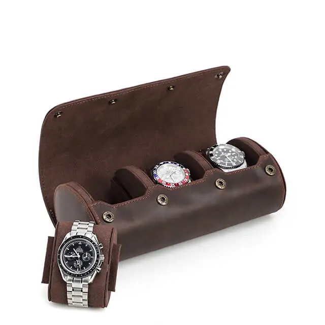 Coffee Genuine Leather Watch Roll Travel Case For 3 Watches