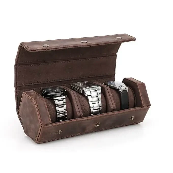 Genuine Leather Hexagon Watch Roll Travel Case For 3 Watches