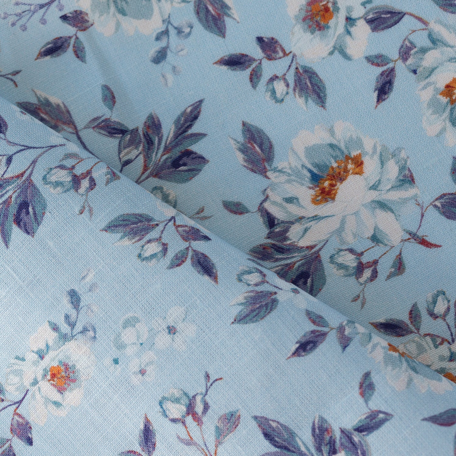 Blue Floral Garden 100% Linen Fabric