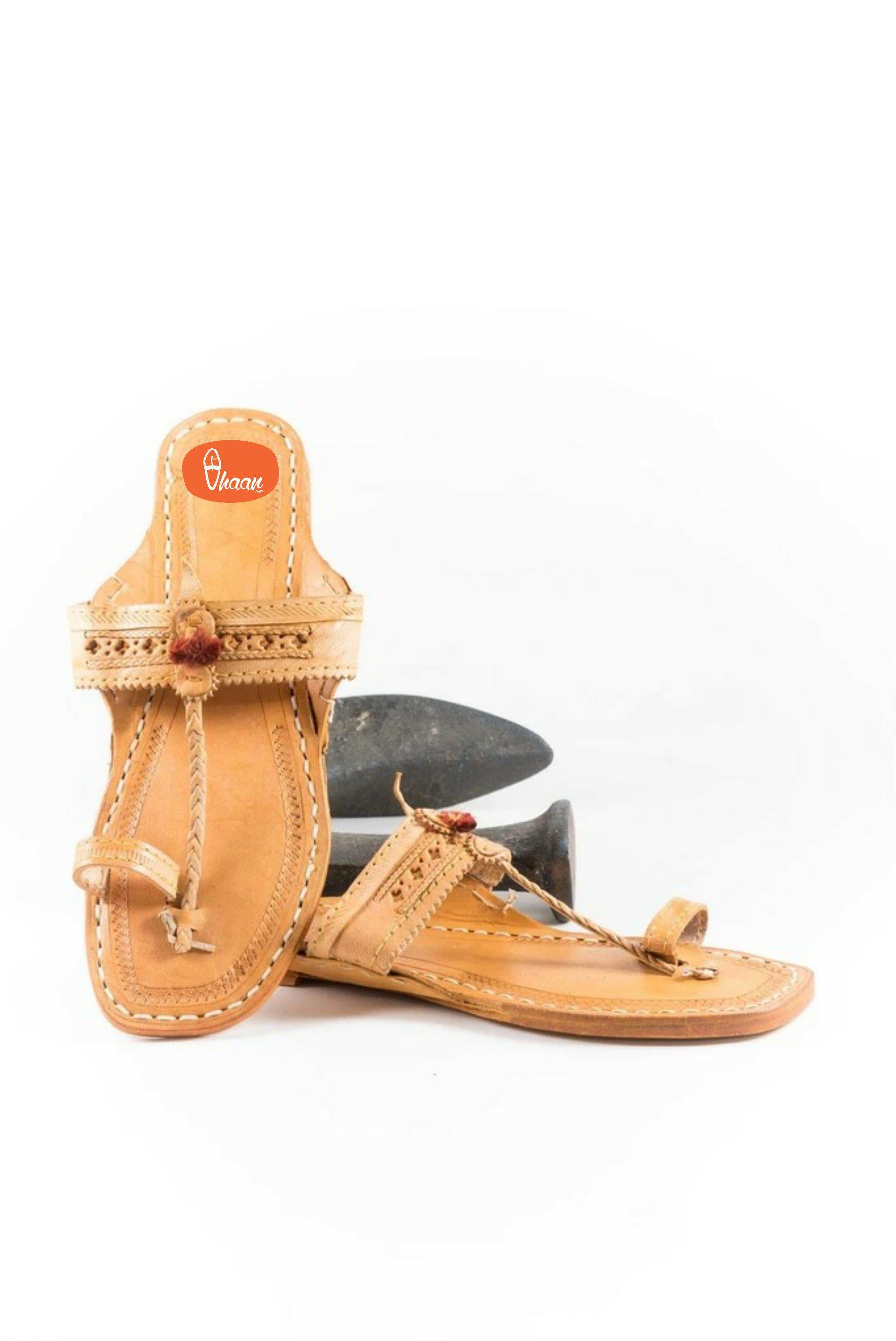 Yellow Moja(T) Shape Red Gonda Veni Belt(Patta) Detailed Punching  Kolhapuri Chappal For  Women