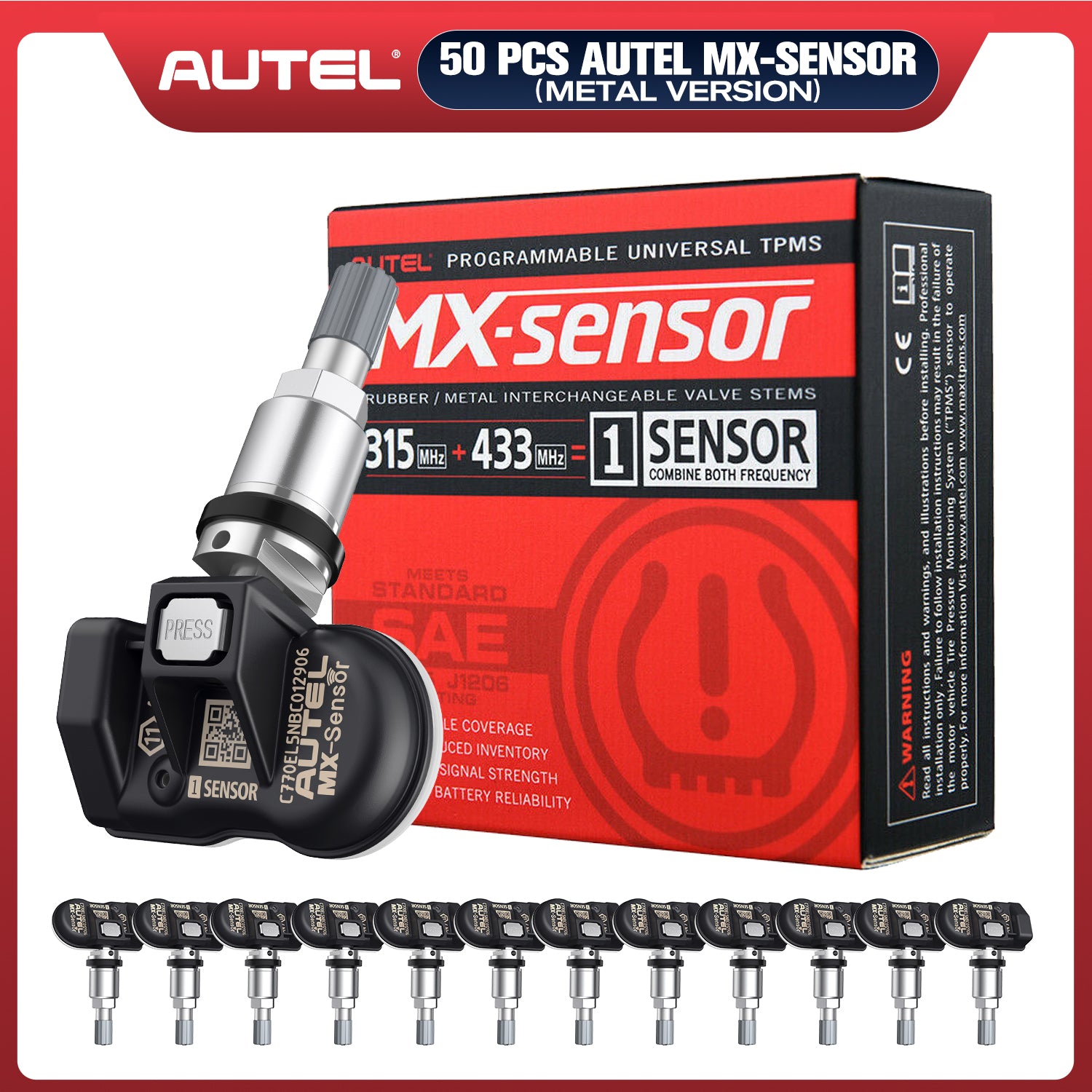 50pcs Autel TPMS MX-Sensor 315MHz & 433MHz 2in1 Tire Pressure Sensors Winter Tire Exchange Universal Clamp In