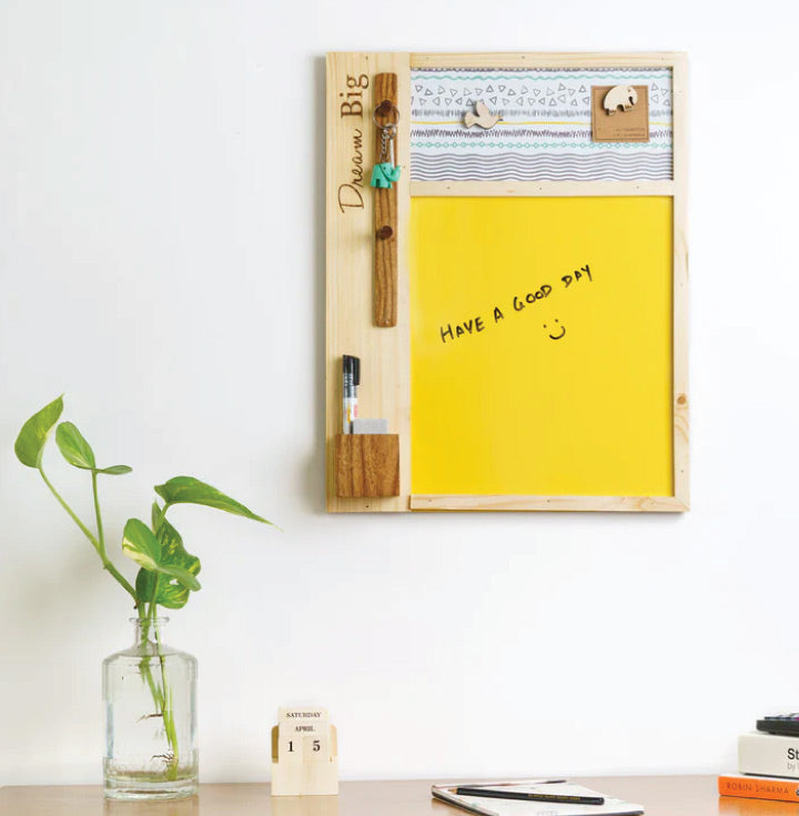 IVEI Dry Erase Yellow Board with Magnetic Board, Pen stand and Key Hooks