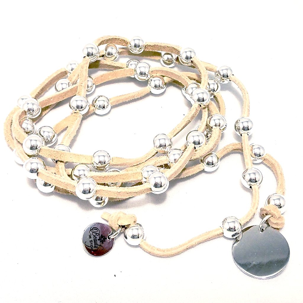 Silver Beaded Lariat on Suede Leather