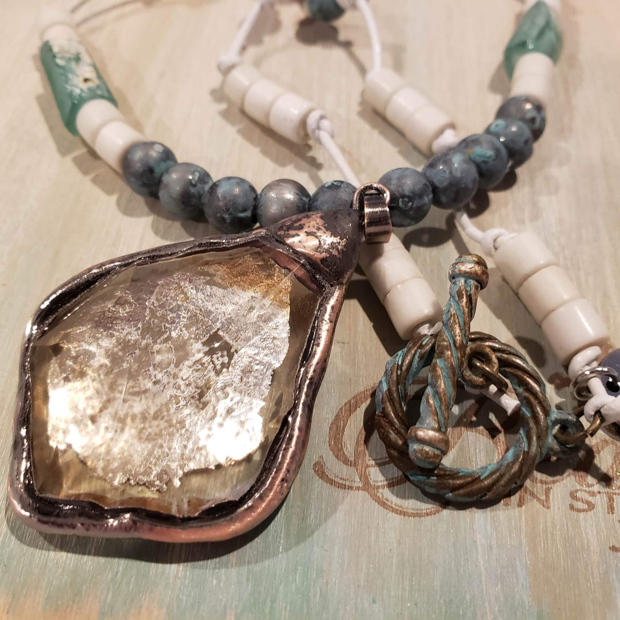 White & Patina Crystal Pendant Necklace